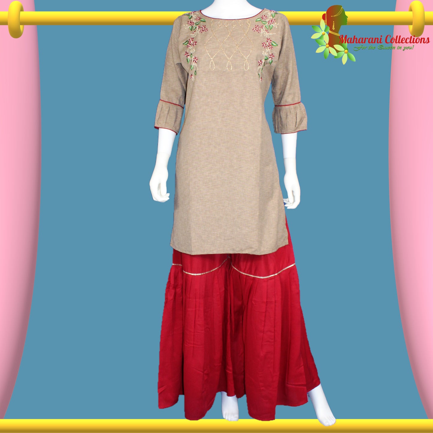 Lucknowi Sharara Suit - Beige and Maroon (M)