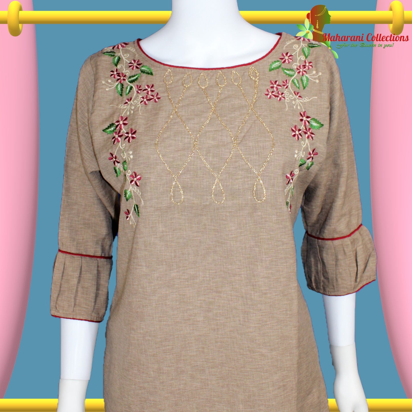 Lucknowi Sharara Suit - Beige and Maroon (M)