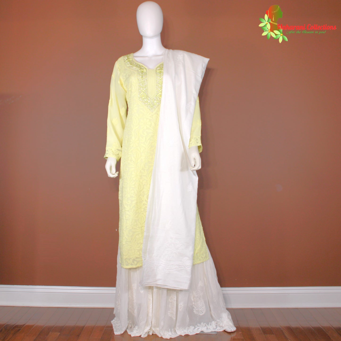 Maharani's Lucknowi Georgette Sharara Suit - Lemon Yellow (M)