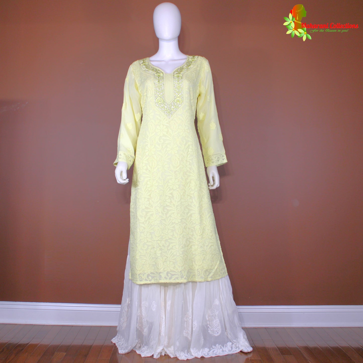 Maharani's Lucknowi Georgette Sharara Suit - Lemon Yellow (M)