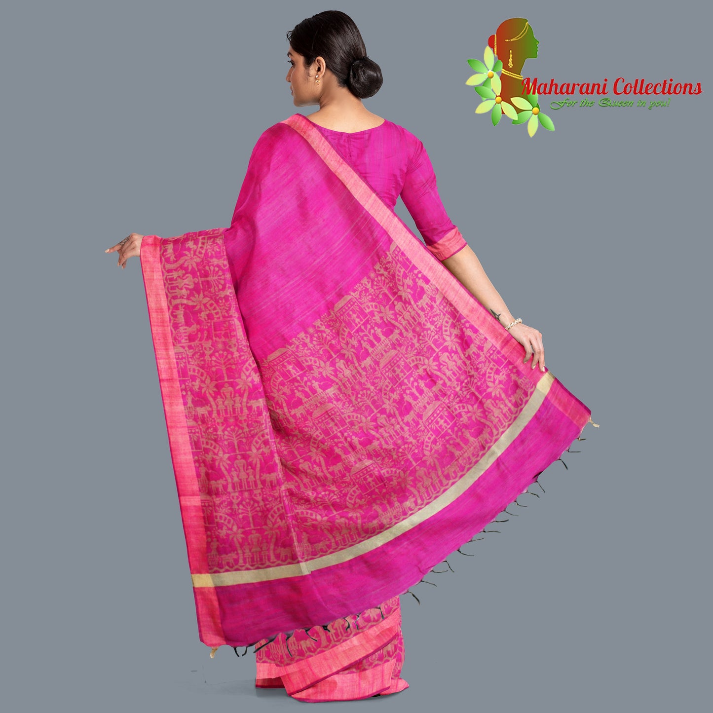 Pure Tussar Silk Saree (Silk Mark) - Magenta (with Stitched Blouse & Petticoat)