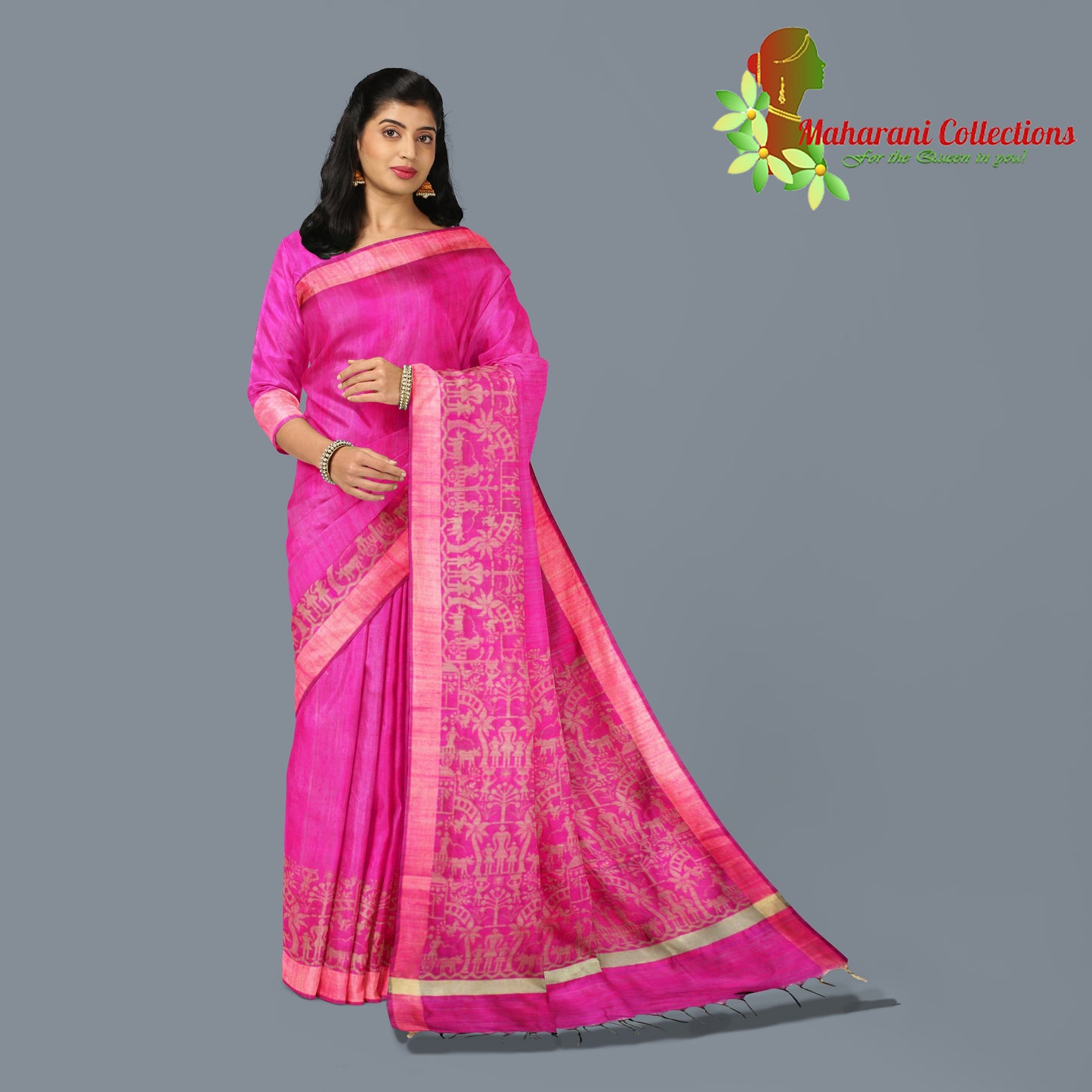 Pure Tussar Silk Saree (Silk Mark) - Magenta (with Stitched Blouse & Petticoat)