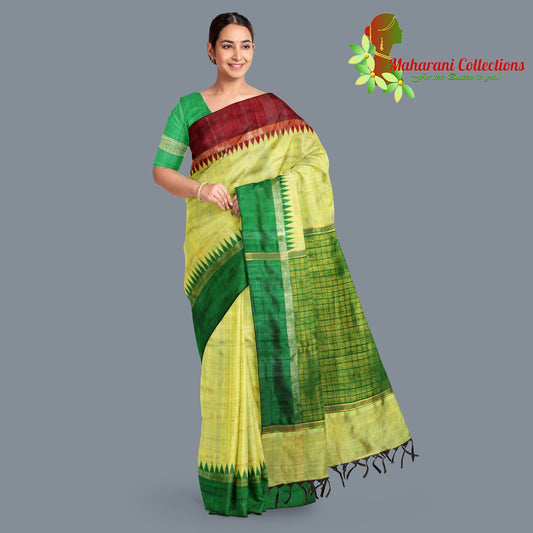 Pure Tussar Silk Saree (Silk Mark) - Lemon Yellow (with Stitched Blouse & Petticoat)