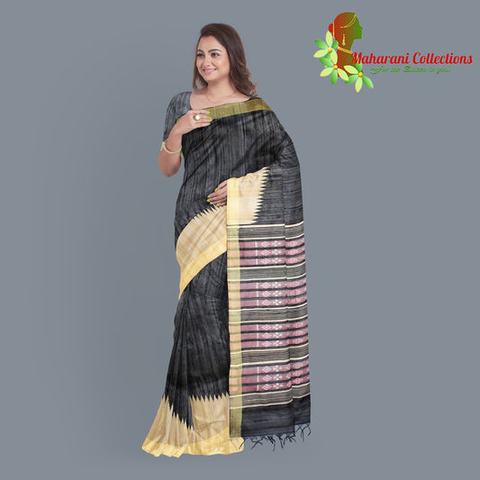 Pure Tussar Silk Saree (Silk Mark) - Black (with Stitched Blouse & Petticoat)