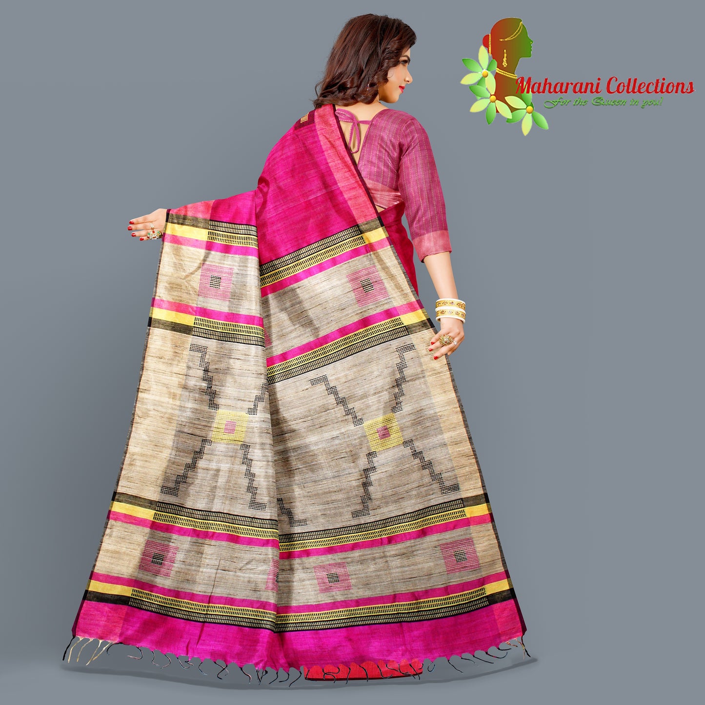 Pure Tussar Silk Saree (Silk Mark) - Ruby Pink (with Stitched Blouse & Petticoat)