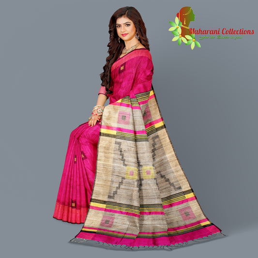 Pure Tussar Silk Saree (Silk Mark) - Ruby Pink (with Stitched Blouse & Petticoat)