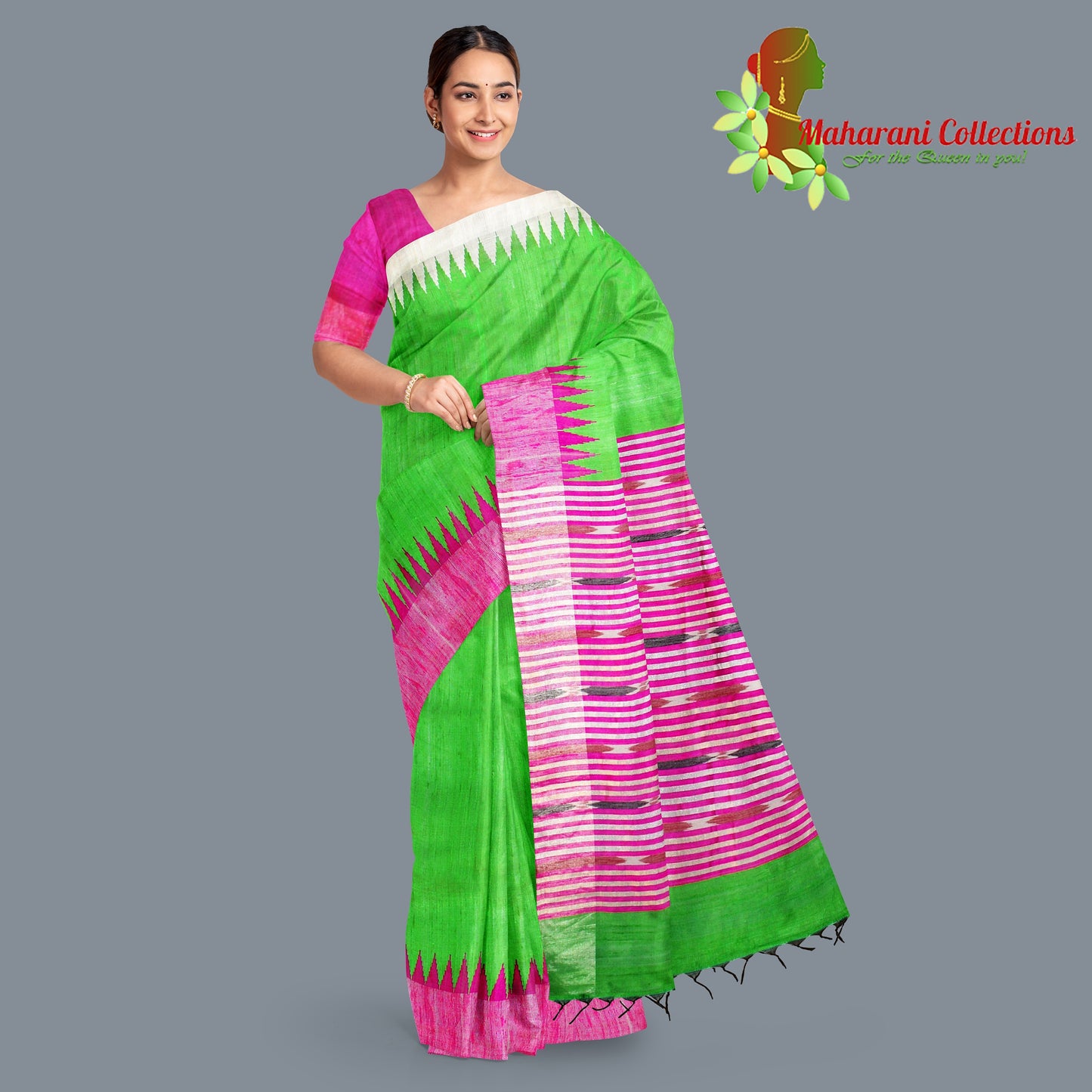 Pure Tussar Silk Saree (Silk Mark) - Parrot Green (with Stitched Blouse & Petticoat)