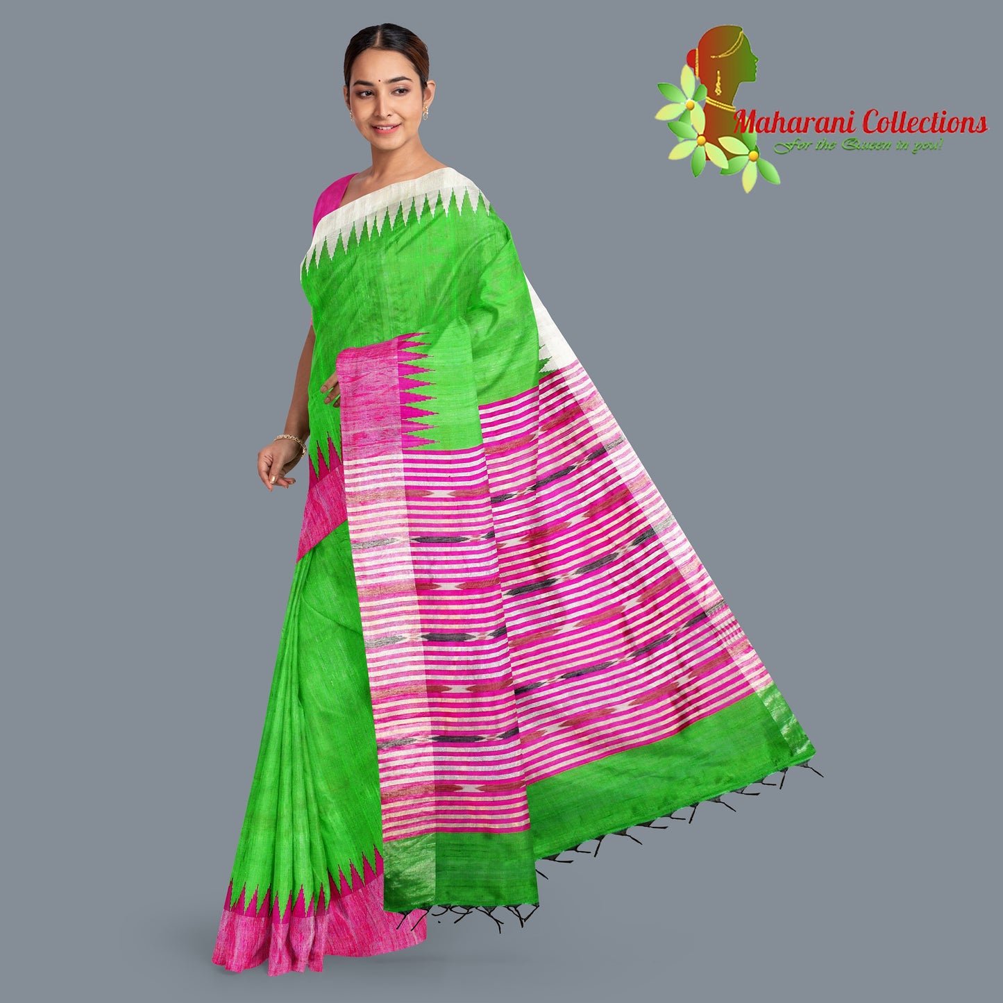 Pure Tussar Silk Saree (Silk Mark) - Parrot Green (with Stitched Blouse & Petticoat)