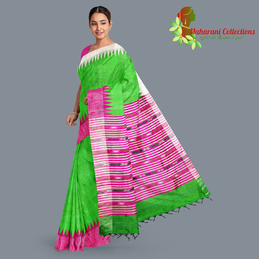 Pure Tussar Silk Saree (Silk Mark) - Parrot Green (with Stitched Blouse & Petticoat)