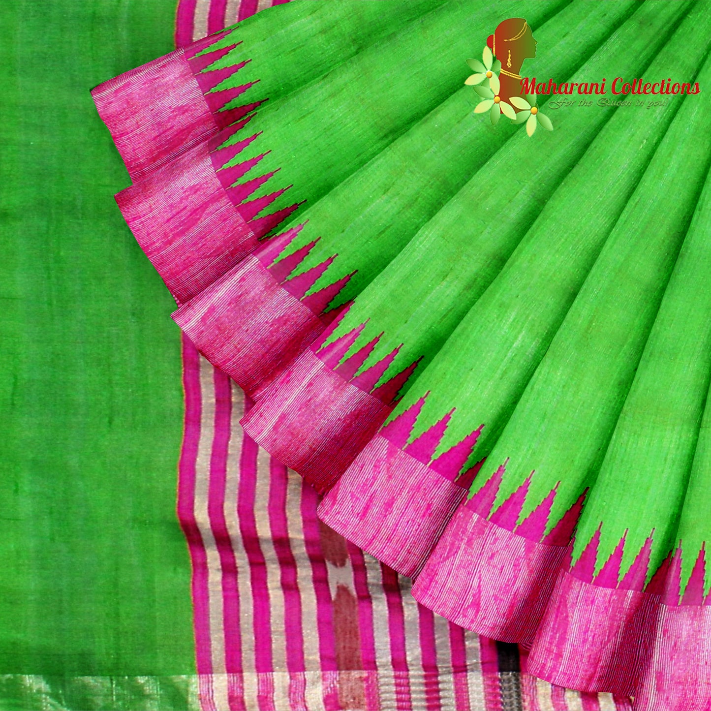 Pure Tussar Silk Saree (Silk Mark) - Parrot Green (with Stitched Blouse & Petticoat)