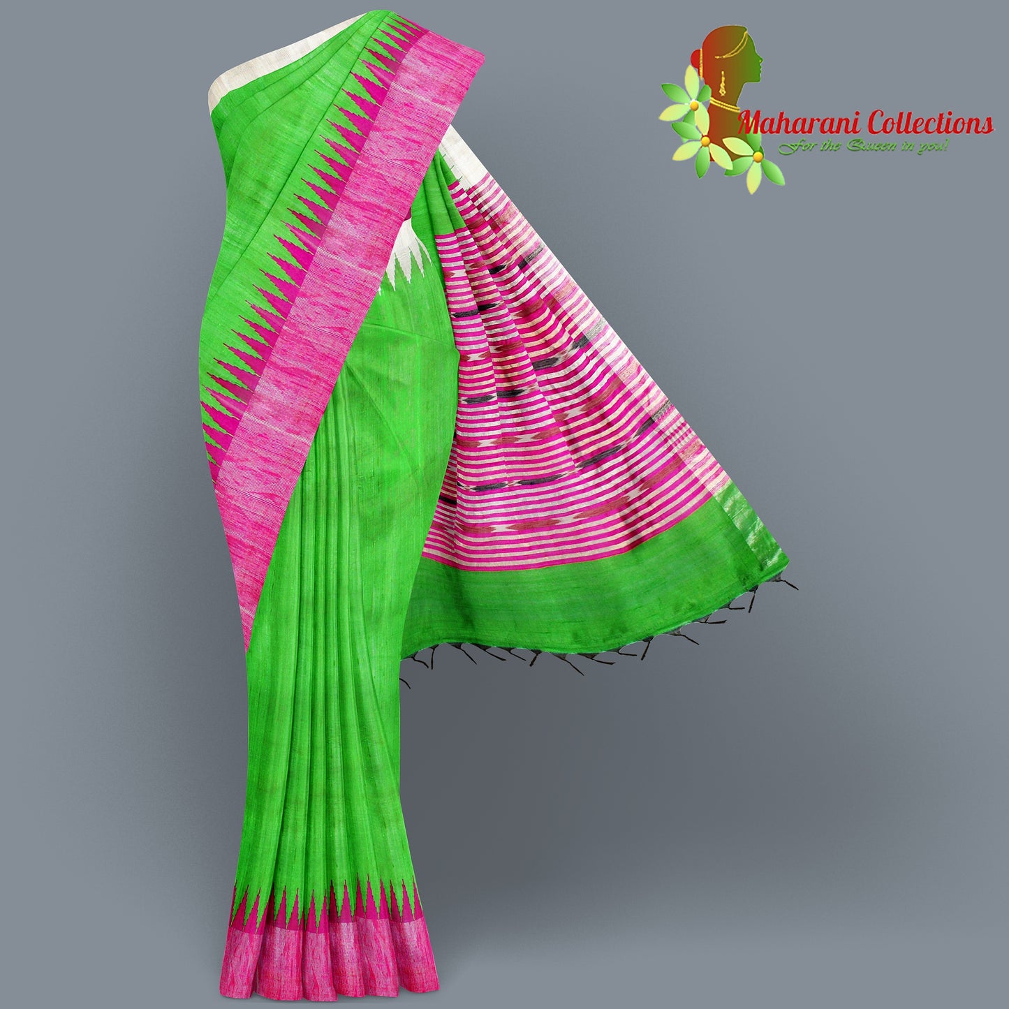 Pure Tussar Silk Saree (Silk Mark) - Parrot Green (with Stitched Blouse & Petticoat)