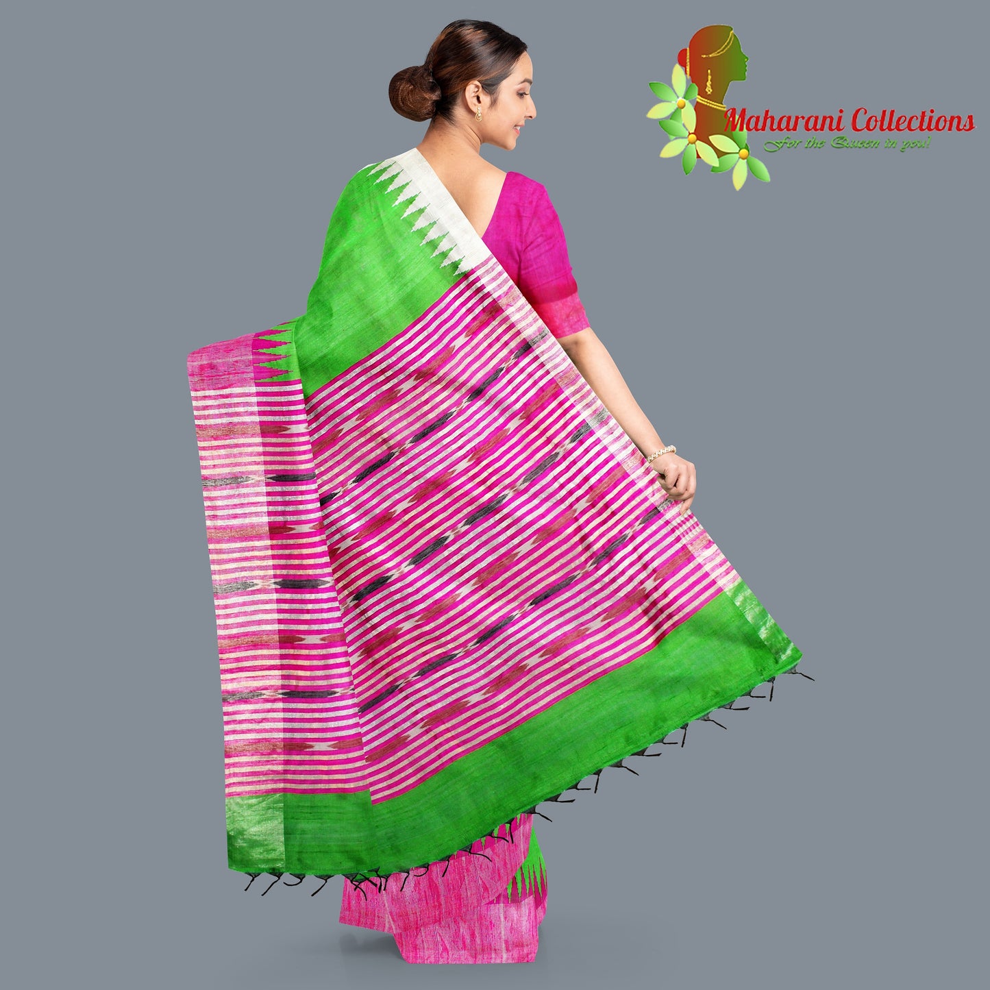 Pure Tussar Silk Saree (Silk Mark) - Parrot Green (with Stitched Blouse & Petticoat)