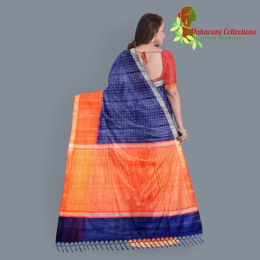 Pure Tussar Silk Saree (Silk Mark) - Navy Blue (with Stitched Blouse & Petticoat)