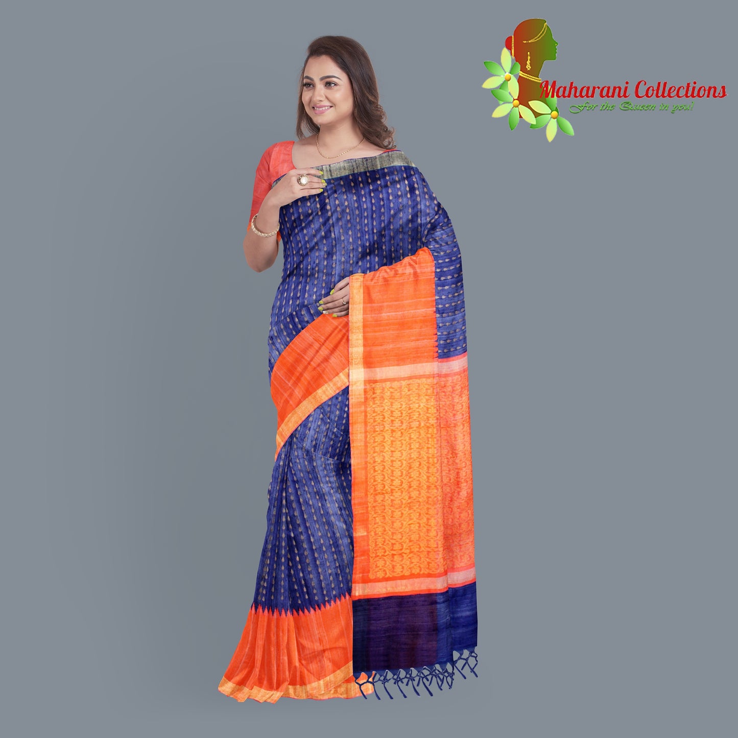 Pure Tussar Silk Saree (Silk Mark) - Navy Blue (with Stitched Blouse & Petticoat)