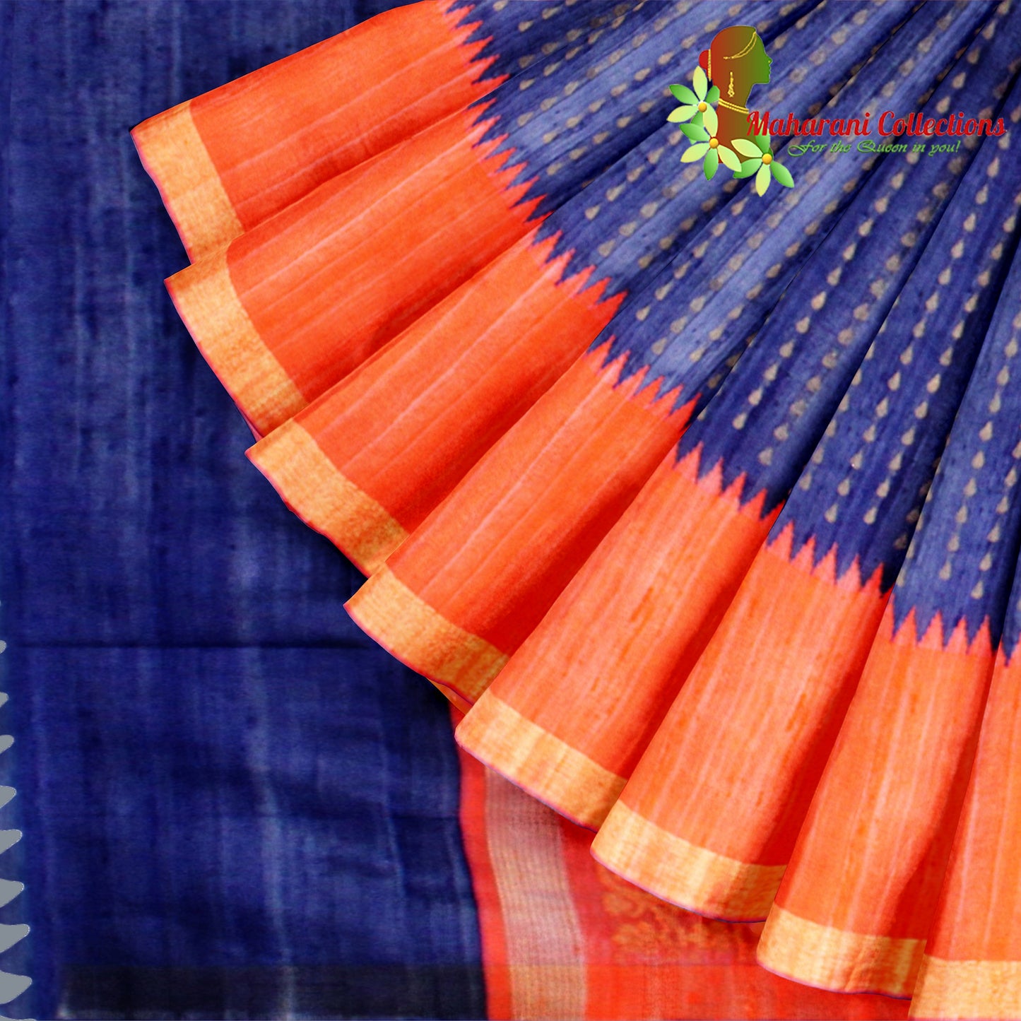 Pure Tussar Silk Saree (Silk Mark) - Navy Blue (with Stitched Blouse & Petticoat)