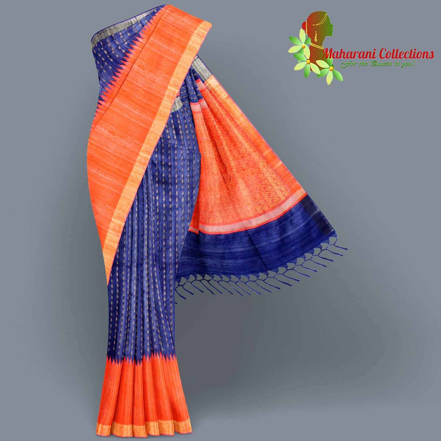 Pure Tussar Silk Saree (Silk Mark) - Navy Blue (with Stitched Blouse & Petticoat)