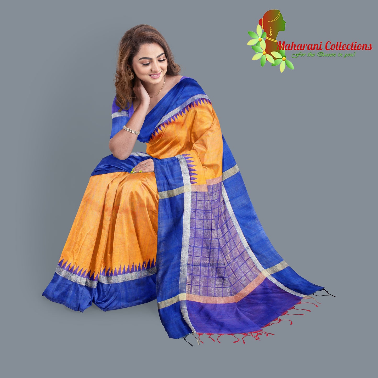 Pure Tussar Silk Saree (Silk Mark) - Yellow (with Stitched Blouse & Petticoat)