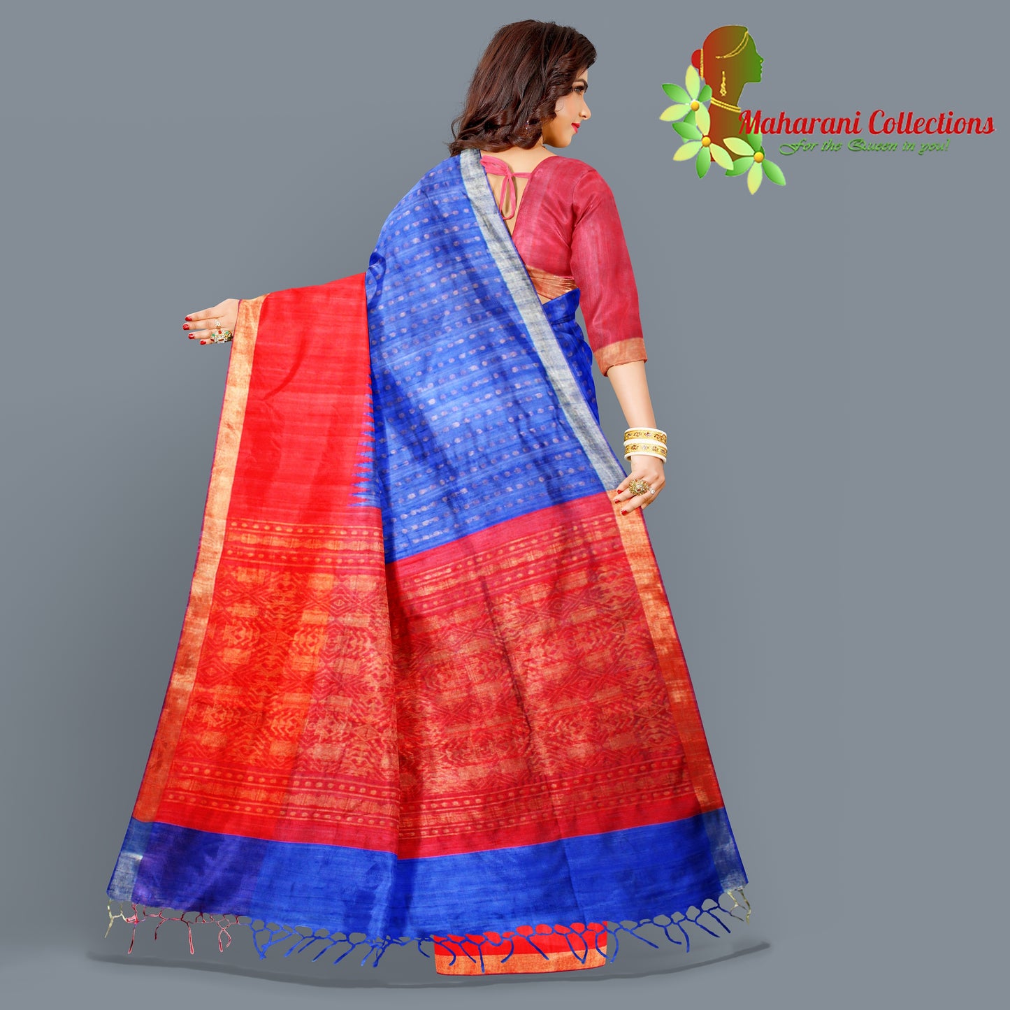 Pure Tussar Silk Saree (Silk Mark) - Blue (with Stitched Blouse & Petticoat)