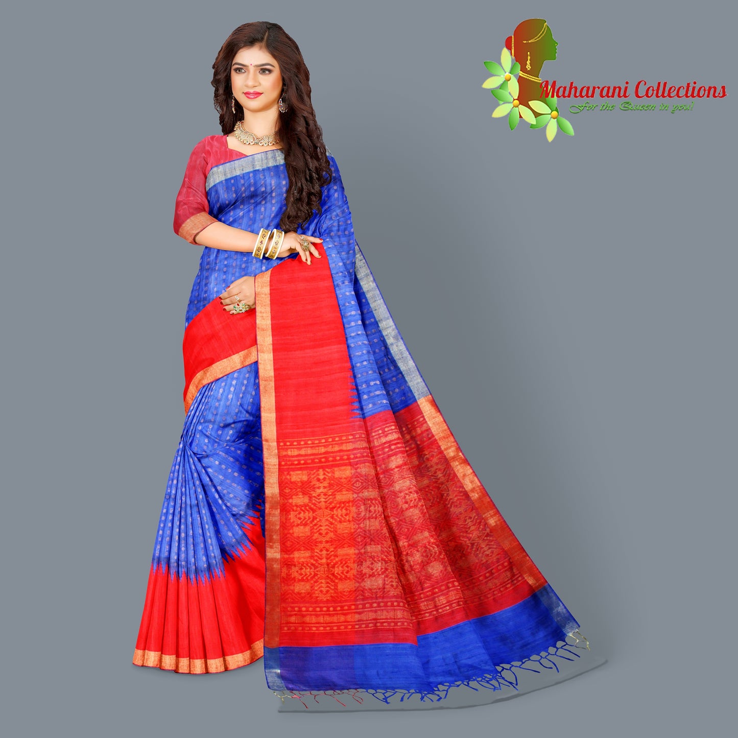 Pure Tussar Silk Saree (Silk Mark) - Blue (with Stitched Blouse & Petticoat)