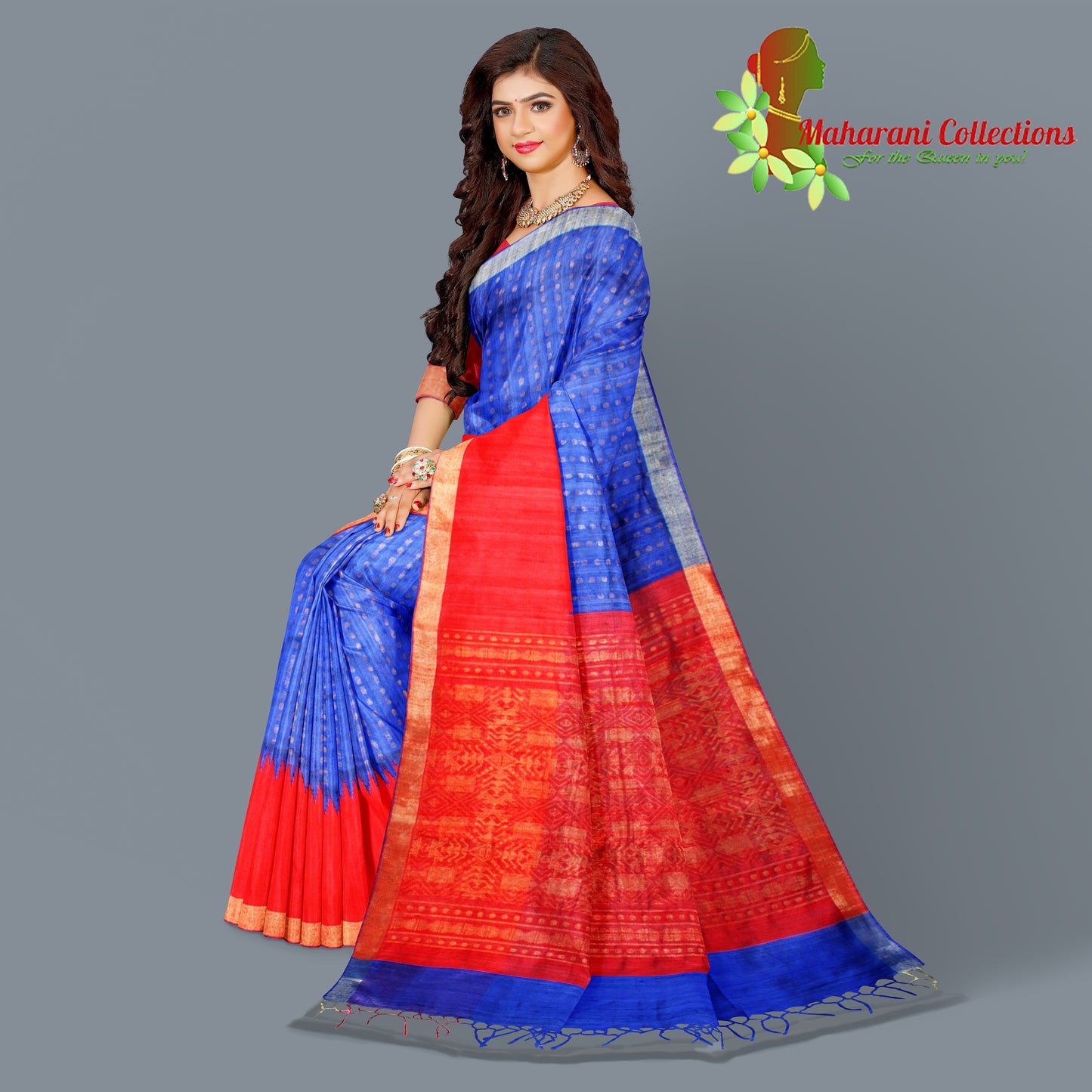 Pure Tussar Silk Saree (Silk Mark) - Blue (with Stitched Blouse & Petticoat)