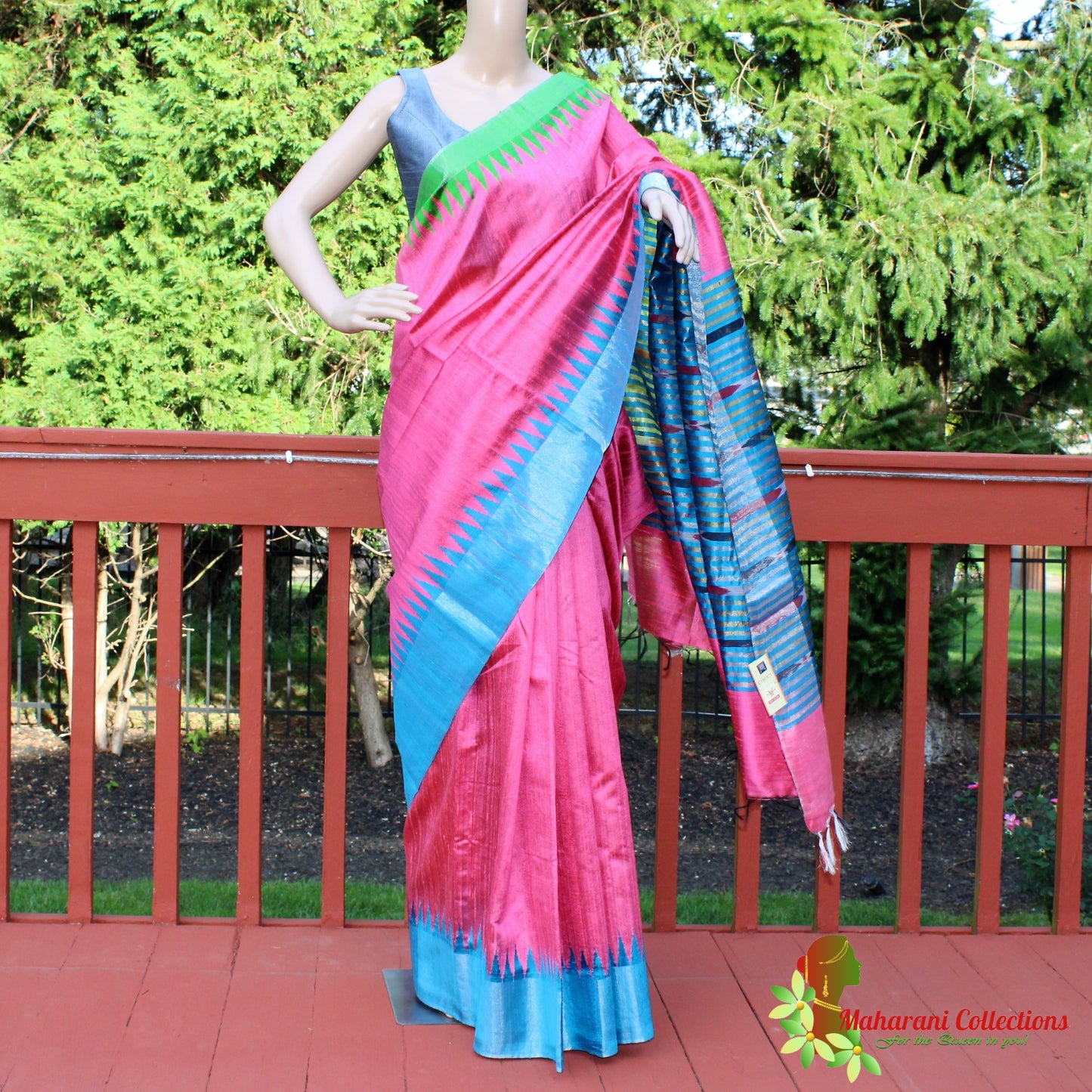 Pure Tussar Silk Saree (Silk Mark) - Pink with Blue Temple Border and Blue Zari Pallu