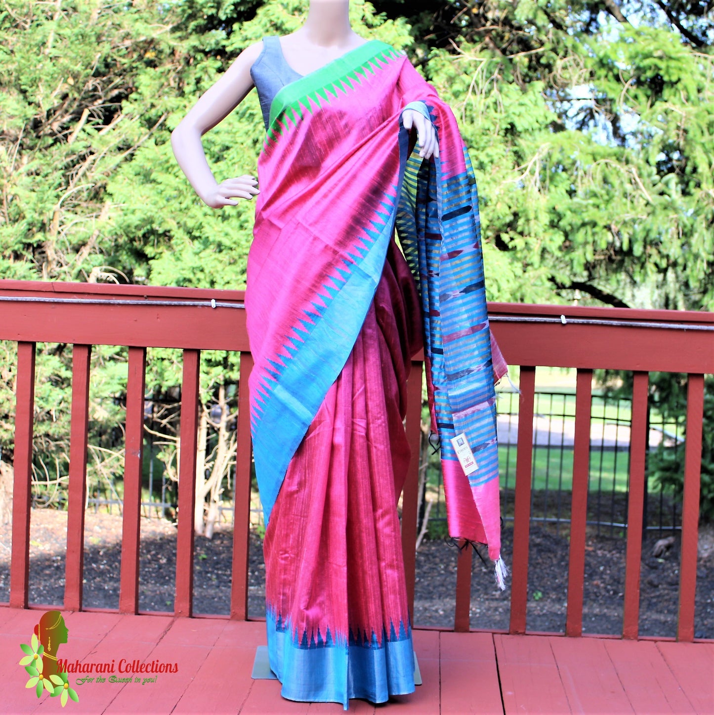 Pure Tussar Silk Saree (Silk Mark) - Pink with Blue Temple Border and Blue Zari Pallu
