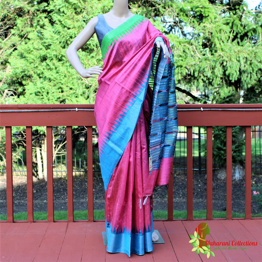 Pure Tussar Silk Saree (Silk Mark) - Pink with Blue Temple Border and Blue Zari Pallu