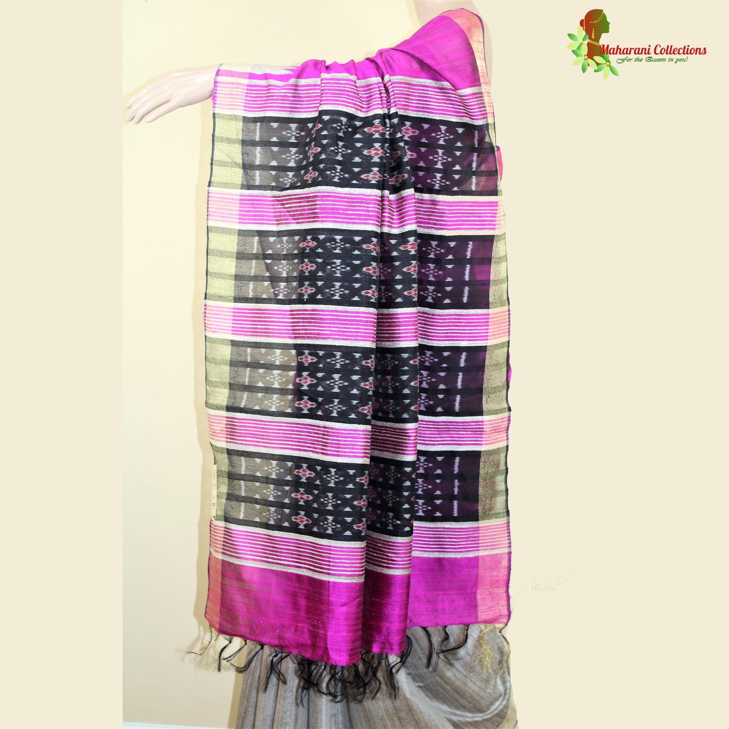 Pure Tussar Silk Saree (Silk Mark) - Beige with Magenta Temple Border and Magenta Pallu.