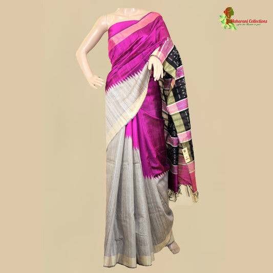 Pure Tussar Silk Saree (Silk Mark) - Beige with Magenta Temple Border and Magenta Pallu.