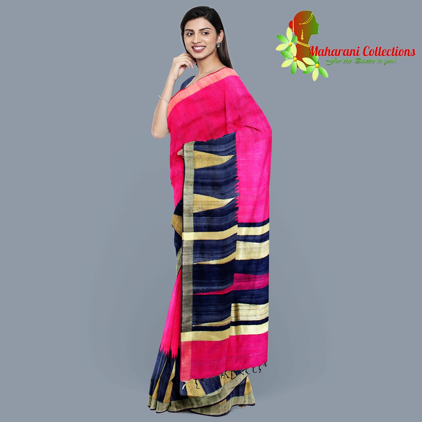 Pure Tussar Silk Saree (Silk Mark) - Ruby Pink (with Stitched Blouse & Petticoat)