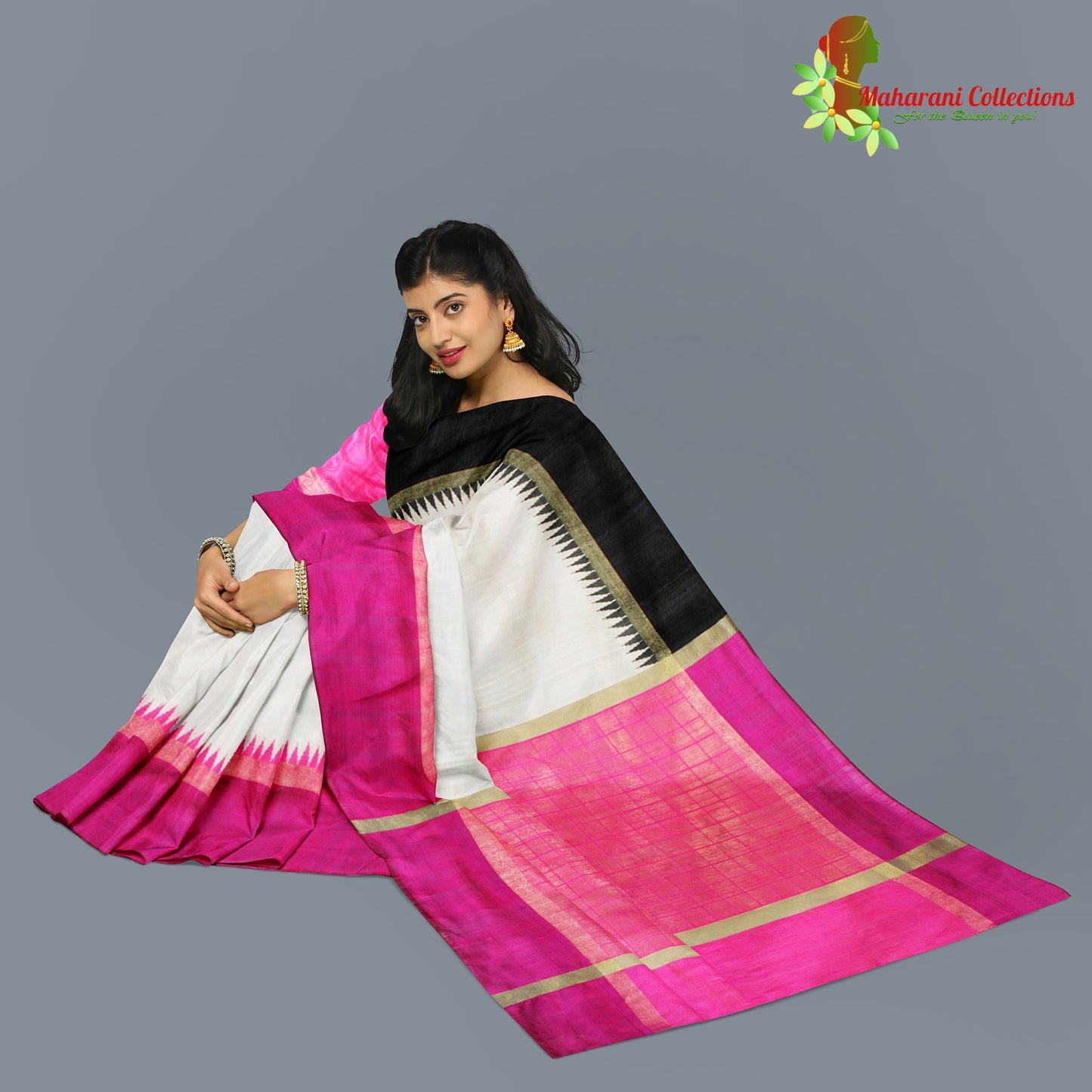 Pure Tussar Silk Saree (Silk Mark) - Cream (with Stitched Blouse & Petticoat)