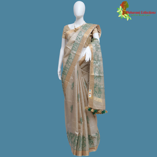 Pure Bhagalpur Tussar Silk Saree (Silk Mark) - Beige Madhubani Work