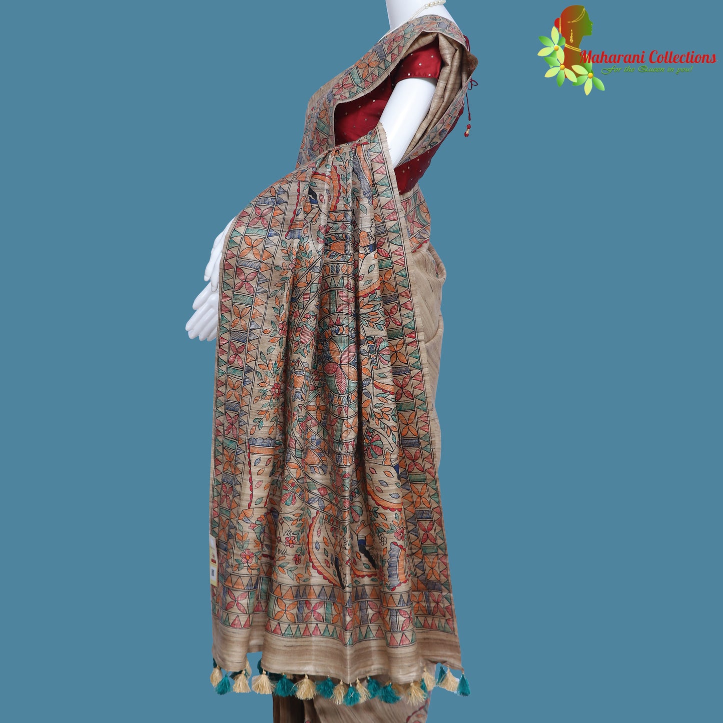 Pure Bhagalpur Tussar Silk Saree (Silk Mark) - Beige Madhubani Work