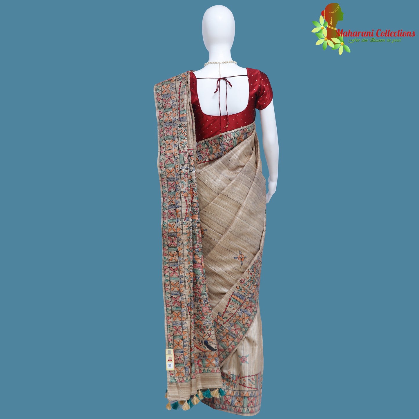 Pure Bhagalpur Tussar Silk Saree (Silk Mark) - Beige Madhubani Work