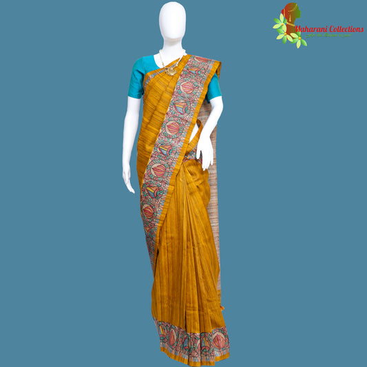 Pure Bhagalpur Tussar Silk Saree (Silk Mark) - Deep Mustard Madhubani Work