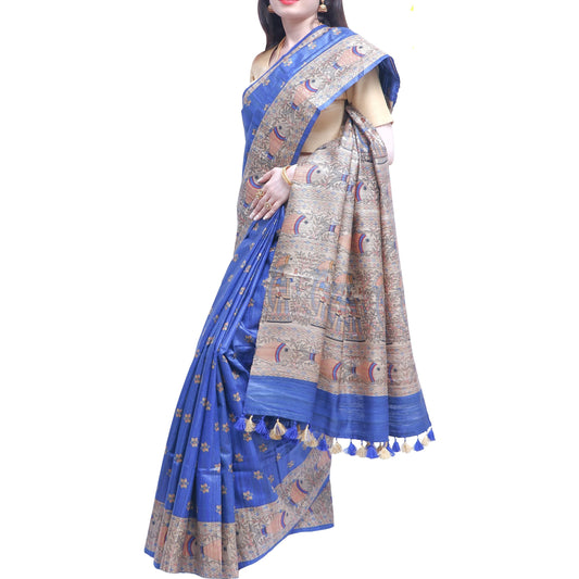 Pure Bhagalpur Tussar Silk Saree (Silk Mark) - Royal Blue Madhubani Handprint Work