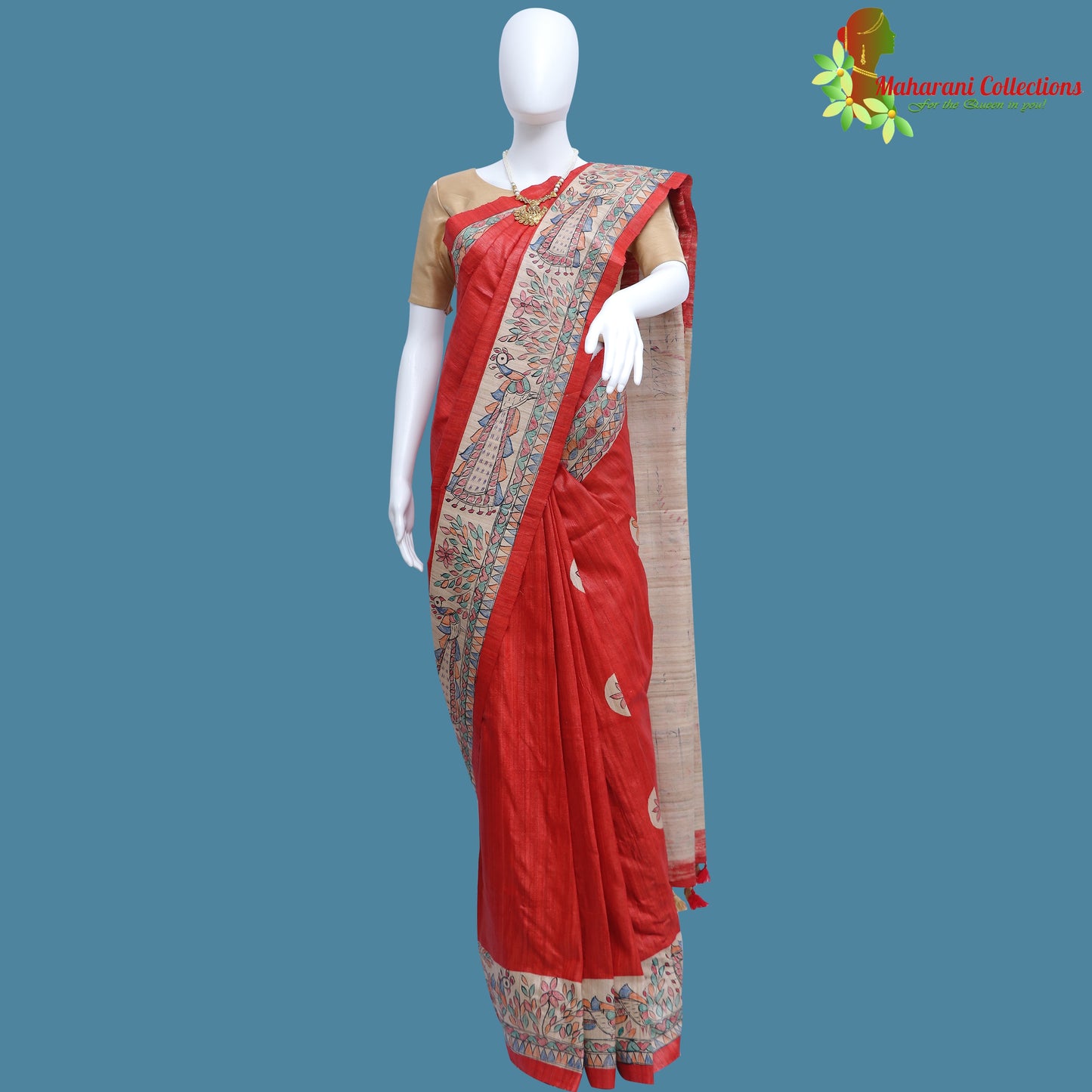 Pure Bhagalpur Tussar Silk Saree (Silk Mark) - Red Madhubani Work