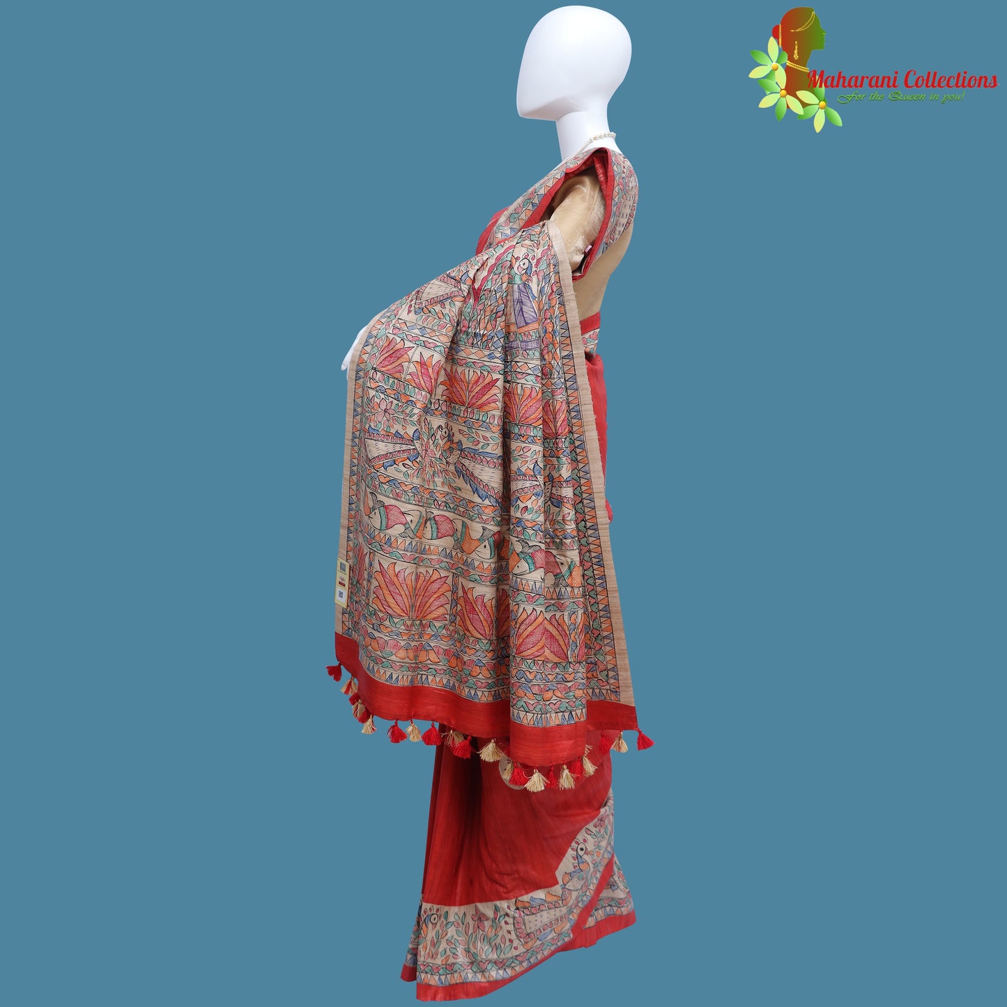 Pure Bhagalpur Tussar Silk Saree (Silk Mark) - Red Madhubani Work