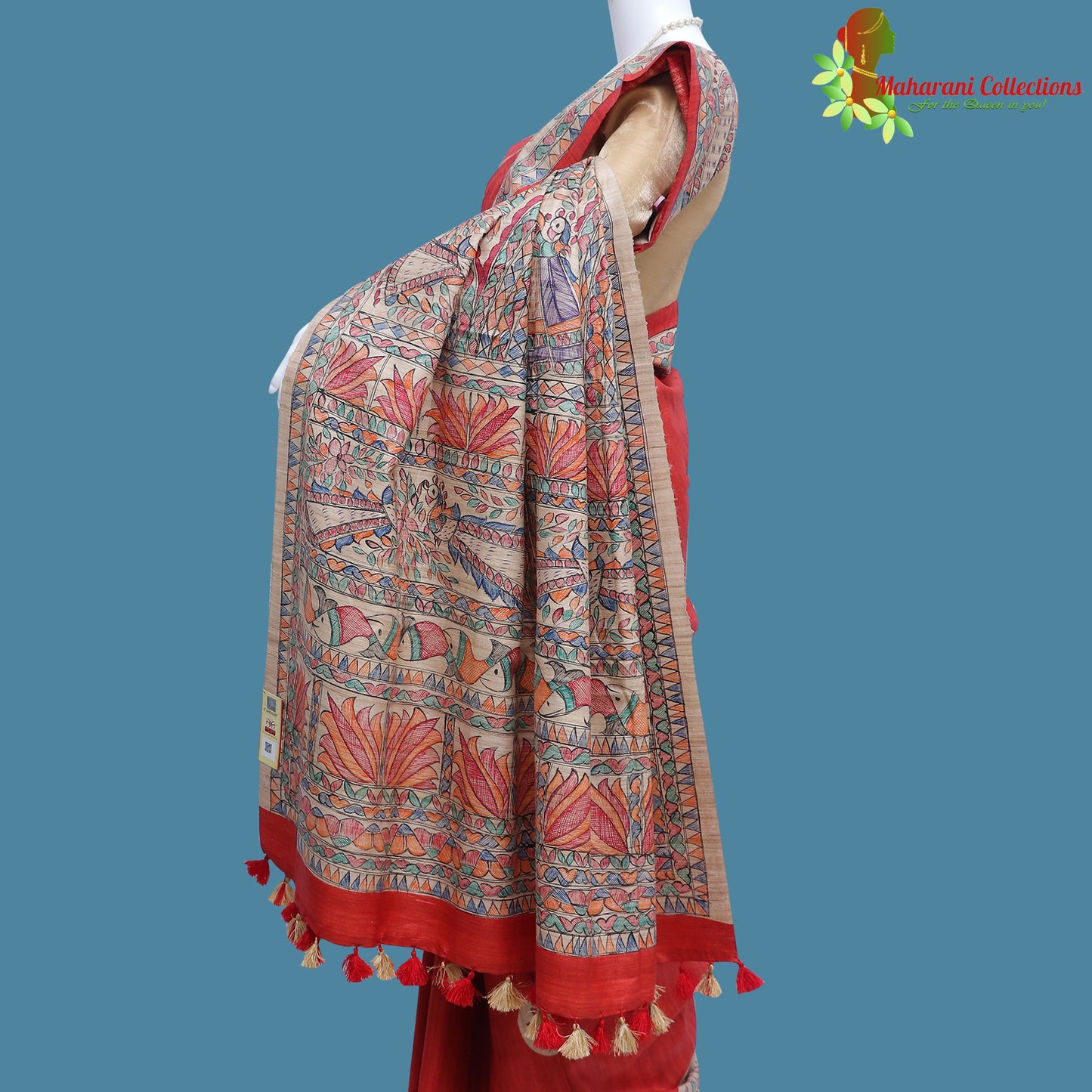 Pure Bhagalpur Tussar Silk Saree (Silk Mark) - Red Madhubani Work