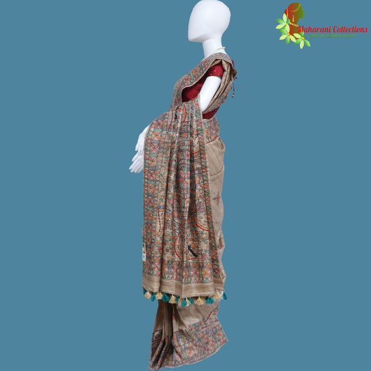 Pure Bhagalpur Tussar Silk Saree (Silk Mark) - Beige and Maroon with Madhubani Work