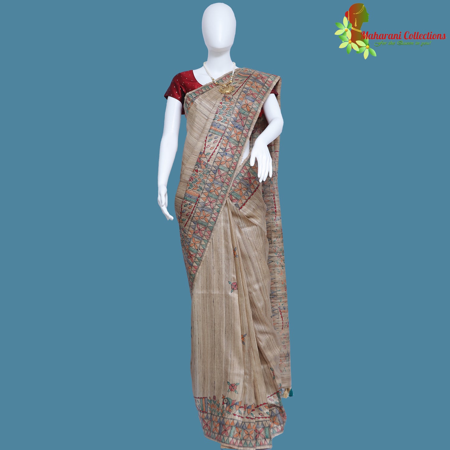 Pure Bhagalpur Tussar Silk Saree (Silk Mark) - Beige and Maroon with Madhubani Work