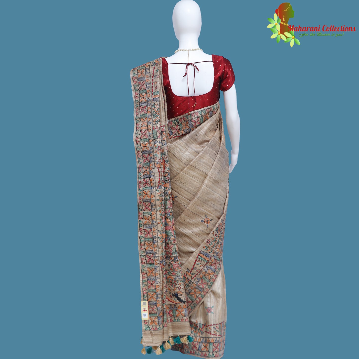 Pure Bhagalpur Tussar Silk Saree (Silk Mark) - Beige and Maroon with Madhubani Work