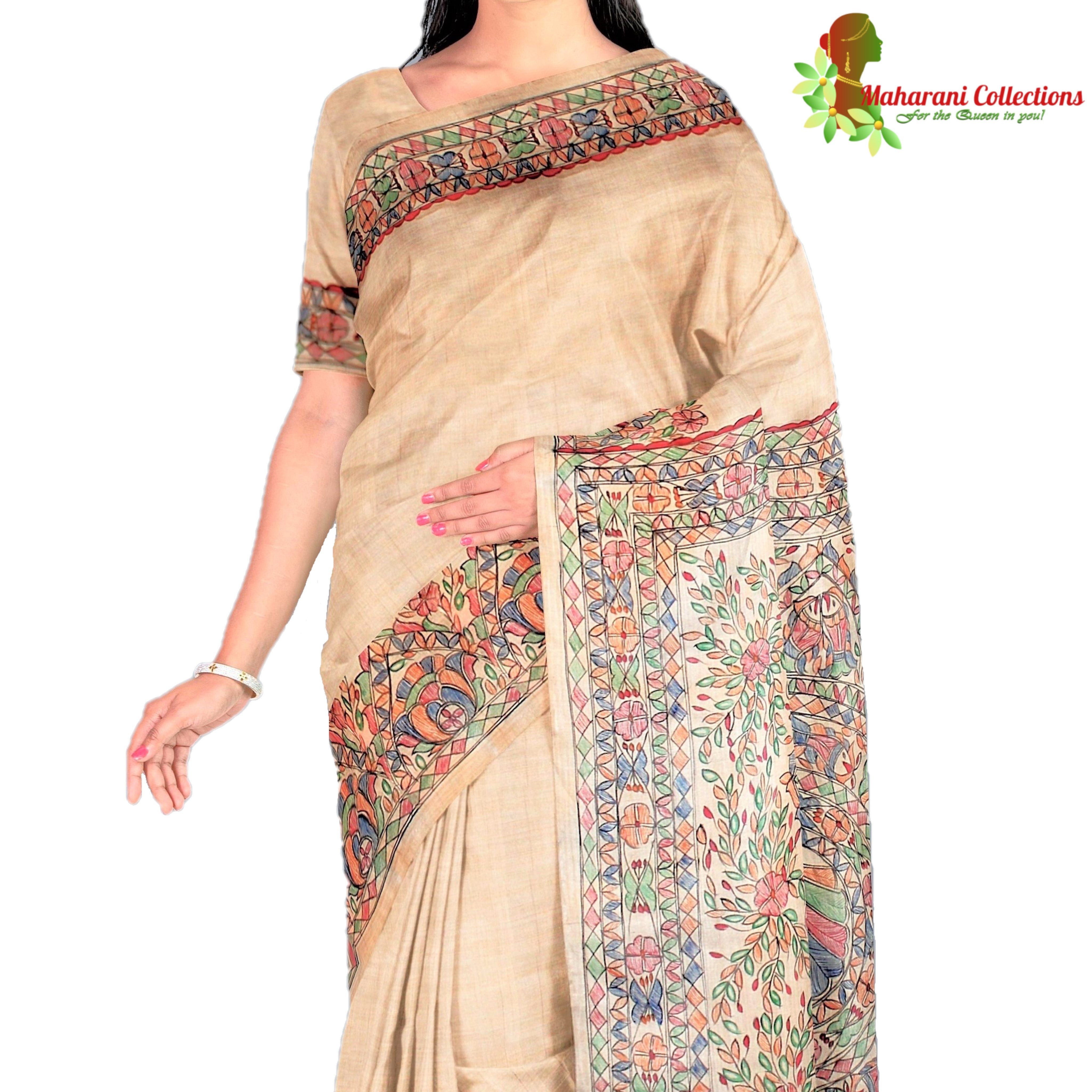 Bhagalpur Pure Handloom Tussar Silk Saree With Hand-Block Print Design