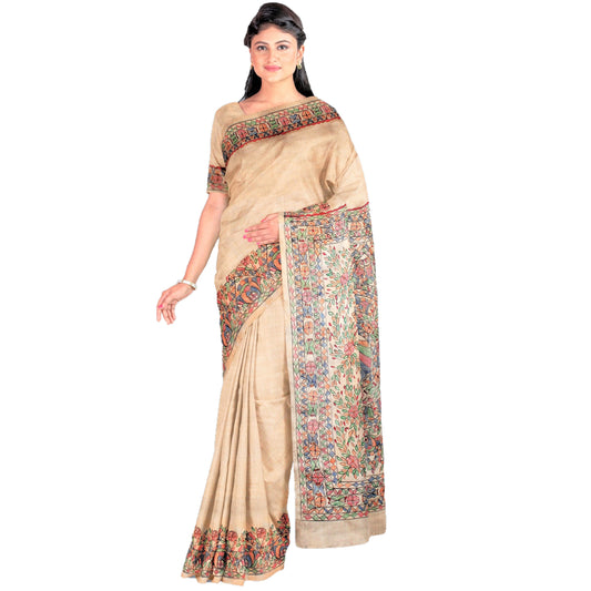 Pure Bhagalpur Tussar Silk Saree (Silk Mark) - Beige with Madhubani Hand Painting (includes Stitched Blouse & Petticoat)