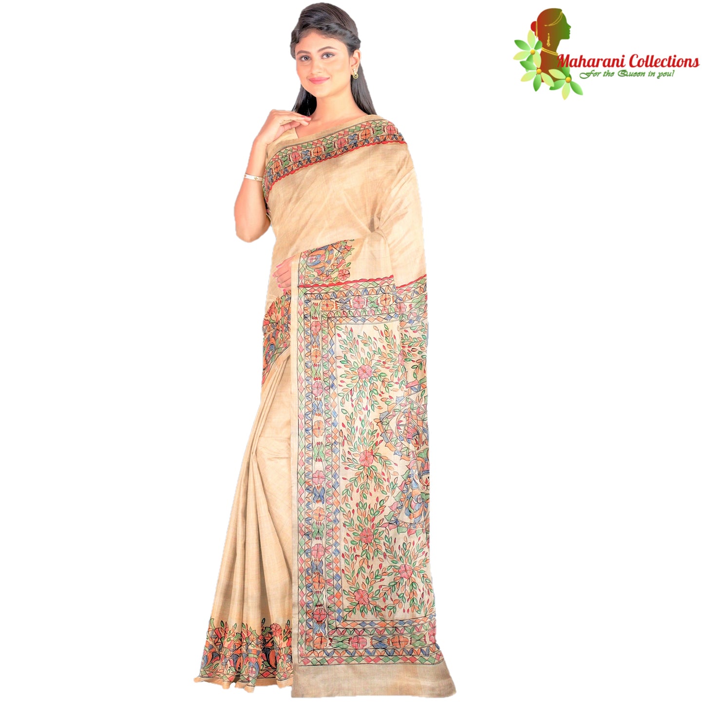 Pure Bhagalpur Tussar Silk Saree (Silk Mark) - Beige with Madhubani Hand Painting (includes Stitched Blouse & Petticoat)