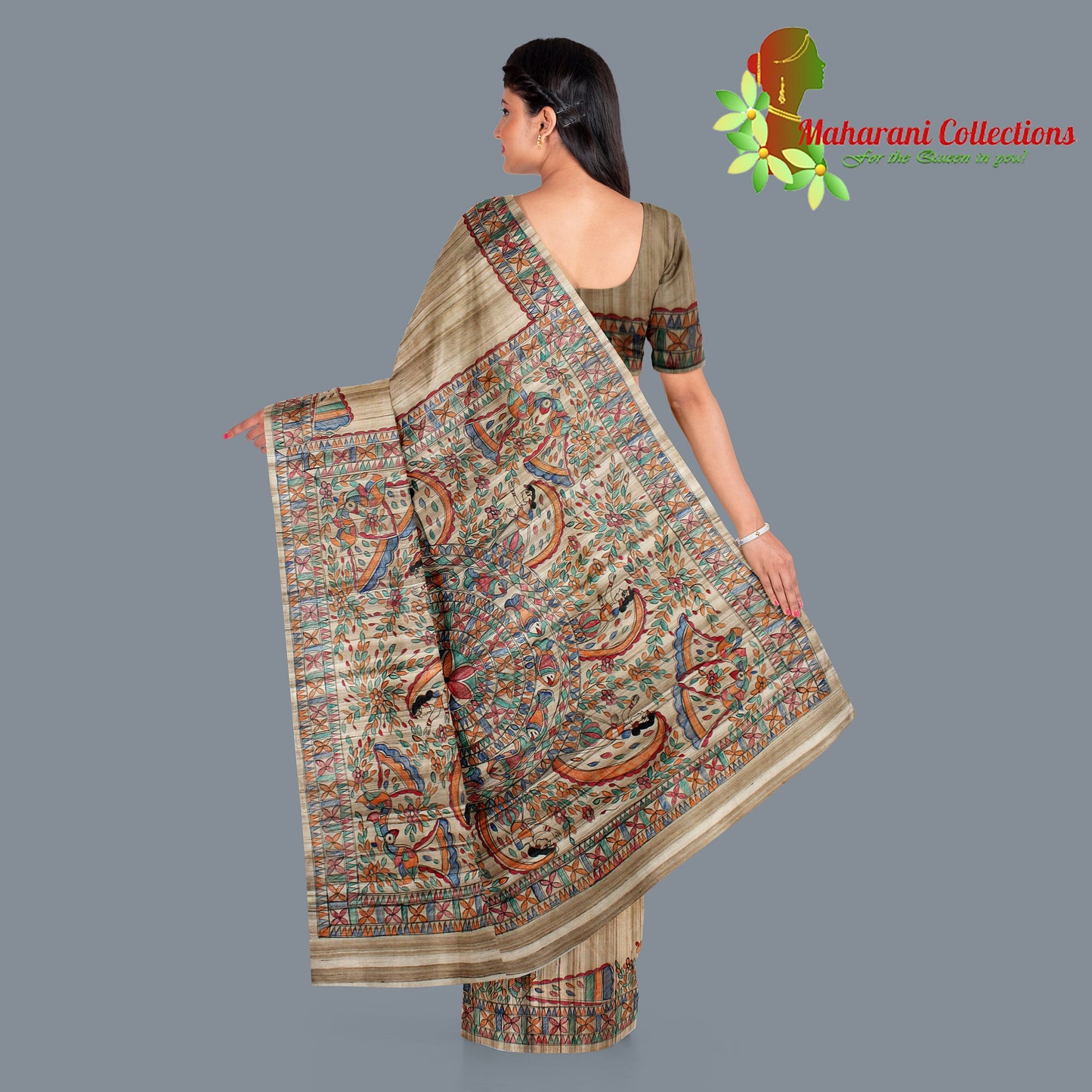 Pure Tussar Silk Saree (Silk Mark) - Beige (with Stitched Blouse & Petticoat)
