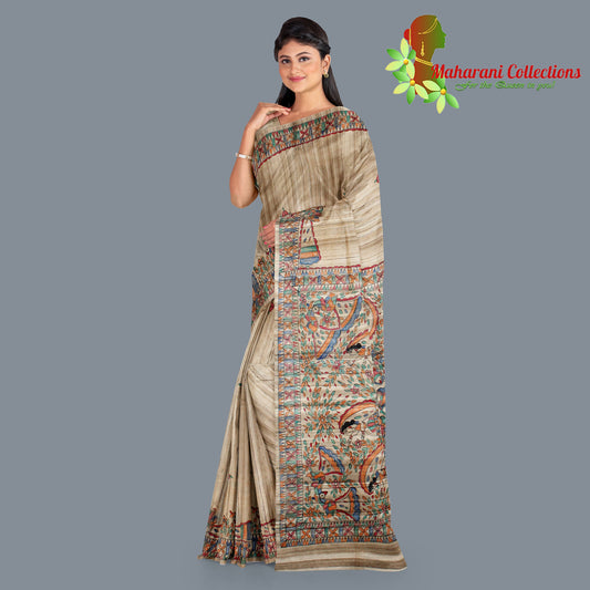 Pure Tussar Silk Saree (Silk Mark) - Beige (with Stitched Blouse & Petticoat)