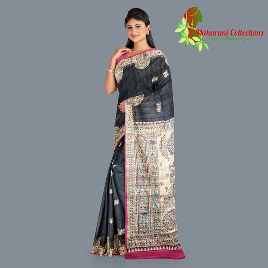 Pure Tussar Silk Saree (Silk Mark) - Black (with Stitched Blouse & Petticoat)