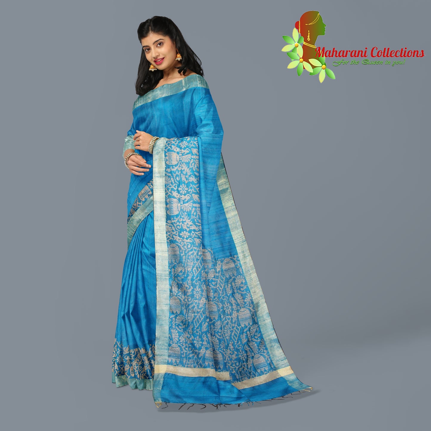 Pure Tussar Silk Saree (Silk Mark) - Blue (with Stitched Blouse & Petticoat)