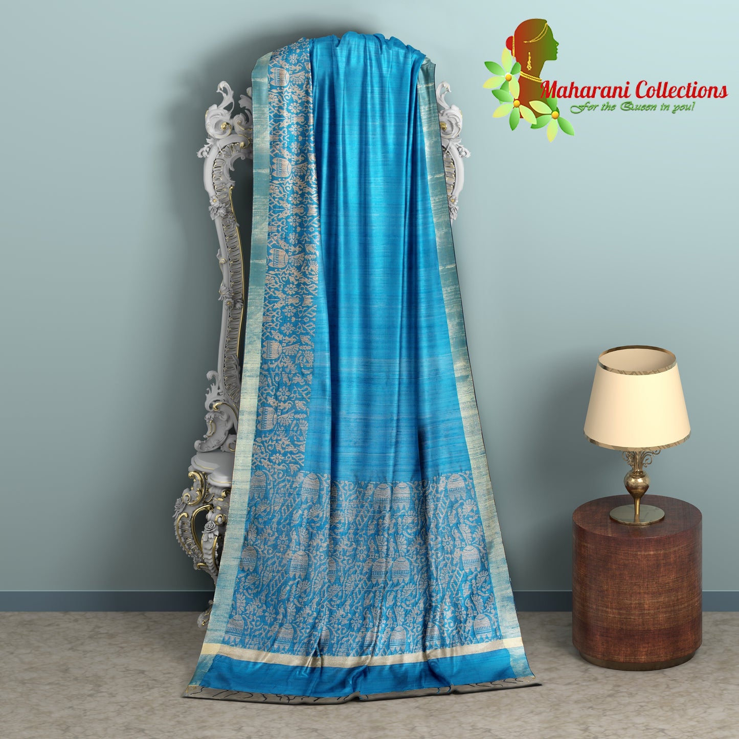 Pure Tussar Silk Saree (Silk Mark) - Blue (with Stitched Blouse & Petticoat)